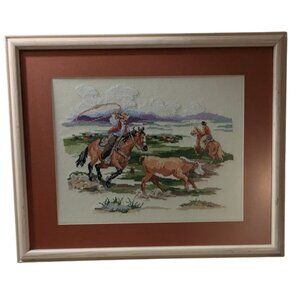 Bucilla Working Cowboys Completed Cross-Stitch Framed Art Southwest